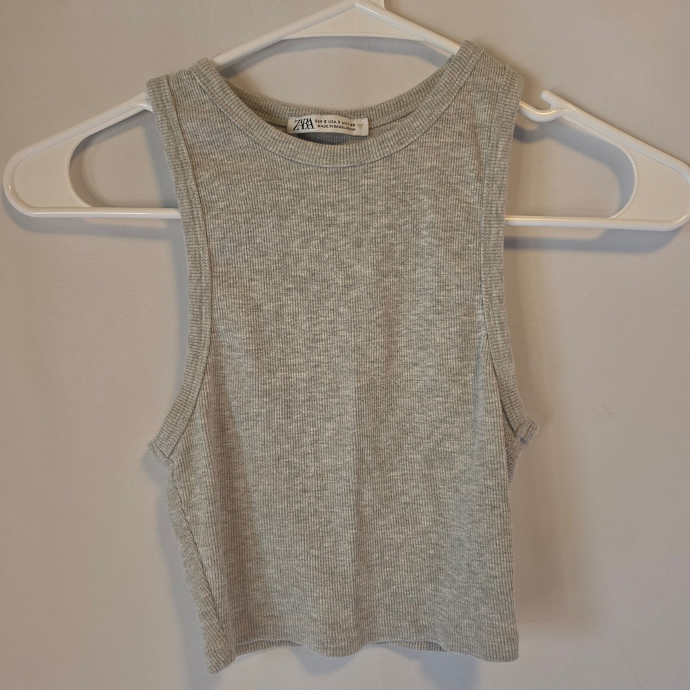 Zara Tank Top Small Heather Gray Minimalist Ribbed Crop High Neck Racerback